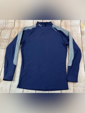 Mens Under Armour ColdGear Mock Neck Base Layer Blue Grey Shirt Size 2XL